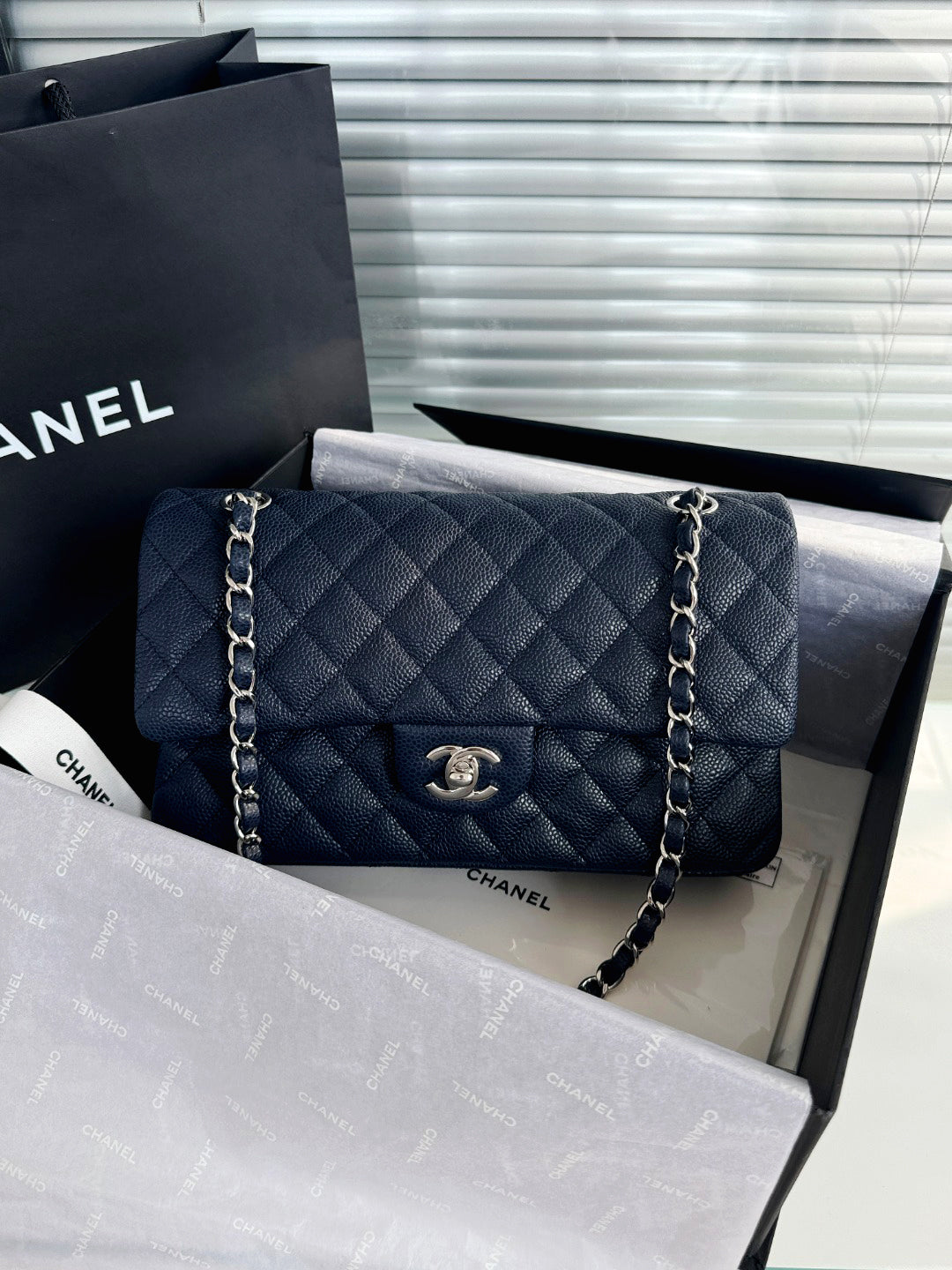 CH CLASSIC 11.12 HANDBAG 25.5 Grained Calfskin Navy Blue