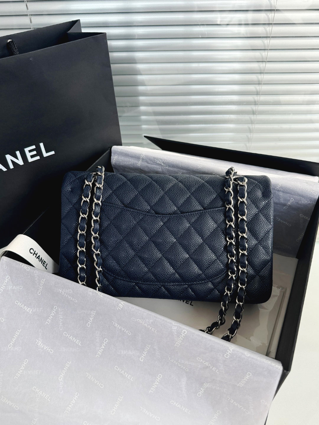 CH CLASSIC 11.12 HANDBAG 25.5 Grained Calfskin Navy Blue