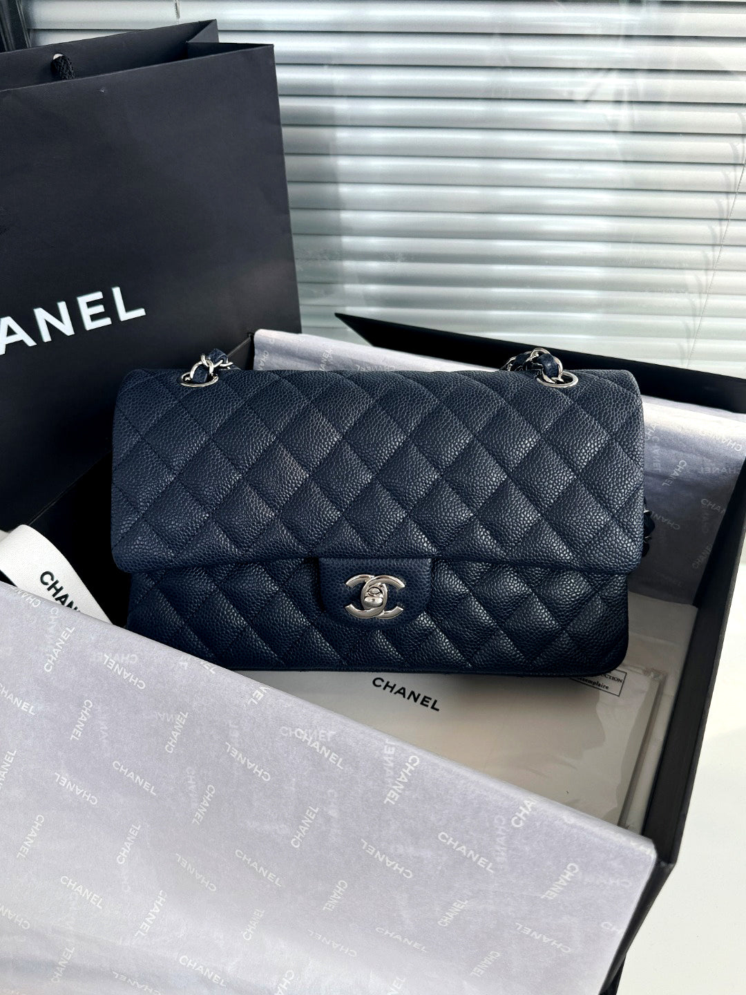 CH CLASSIC 11.12 HANDBAG 25.5 Grained Calfskin Navy Blue