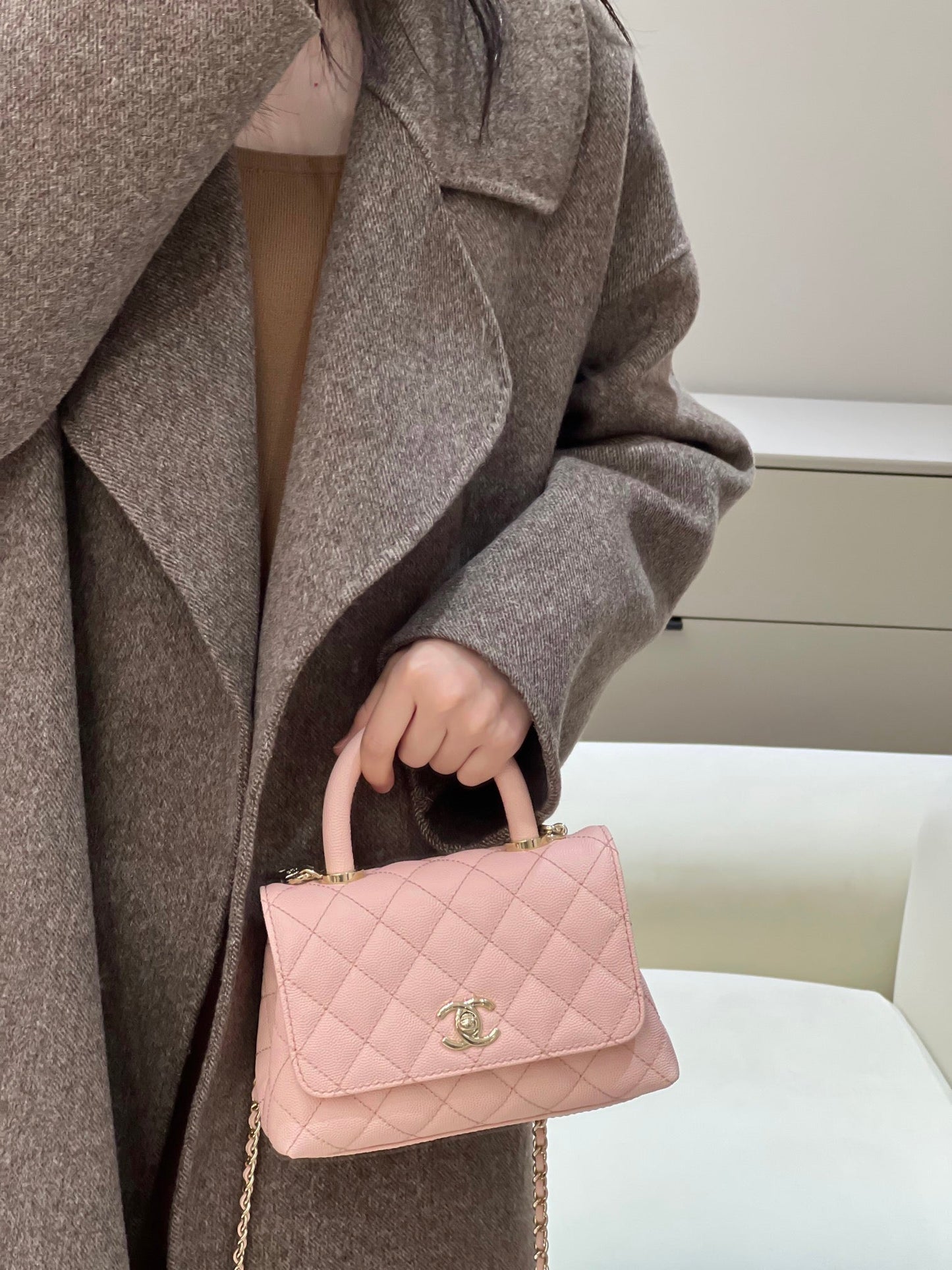 CH MINI FLAP BAG WITH TOP HANDLE 19 Grained Calfskin Pink