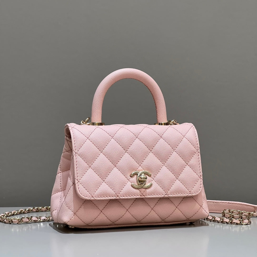 CH MINI FLAP BAG WITH TOP HANDLE 19 Grained Calfskin Pink