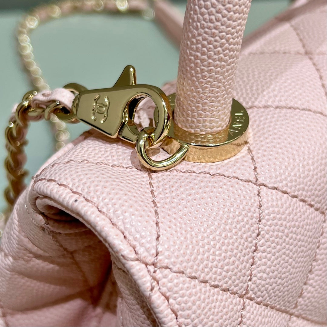 CH MINI FLAP BAG WITH TOP HANDLE 19 Grained Calfskin Pink