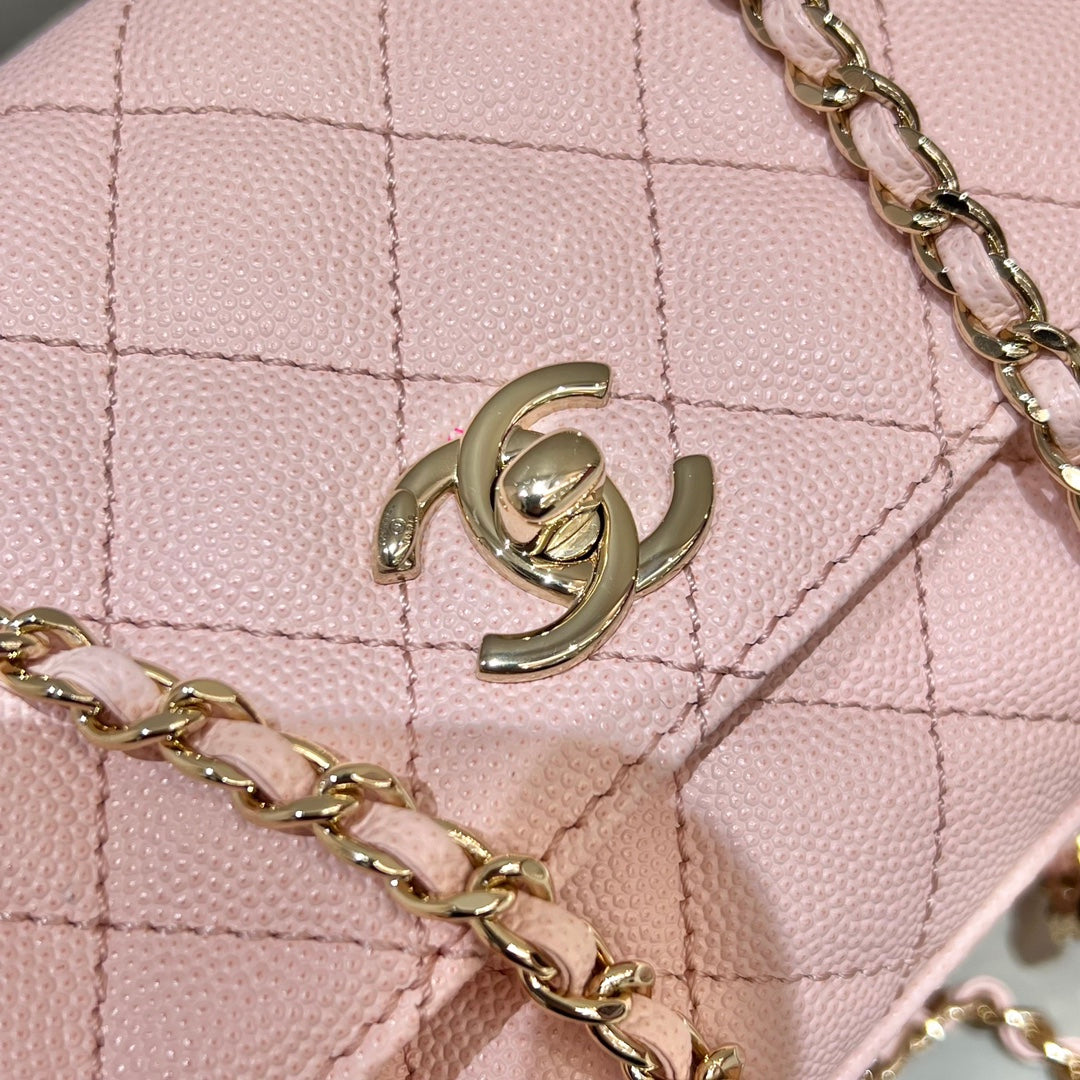 CH MINI FLAP BAG WITH TOP HANDLE 19 Grained Calfskin Pink