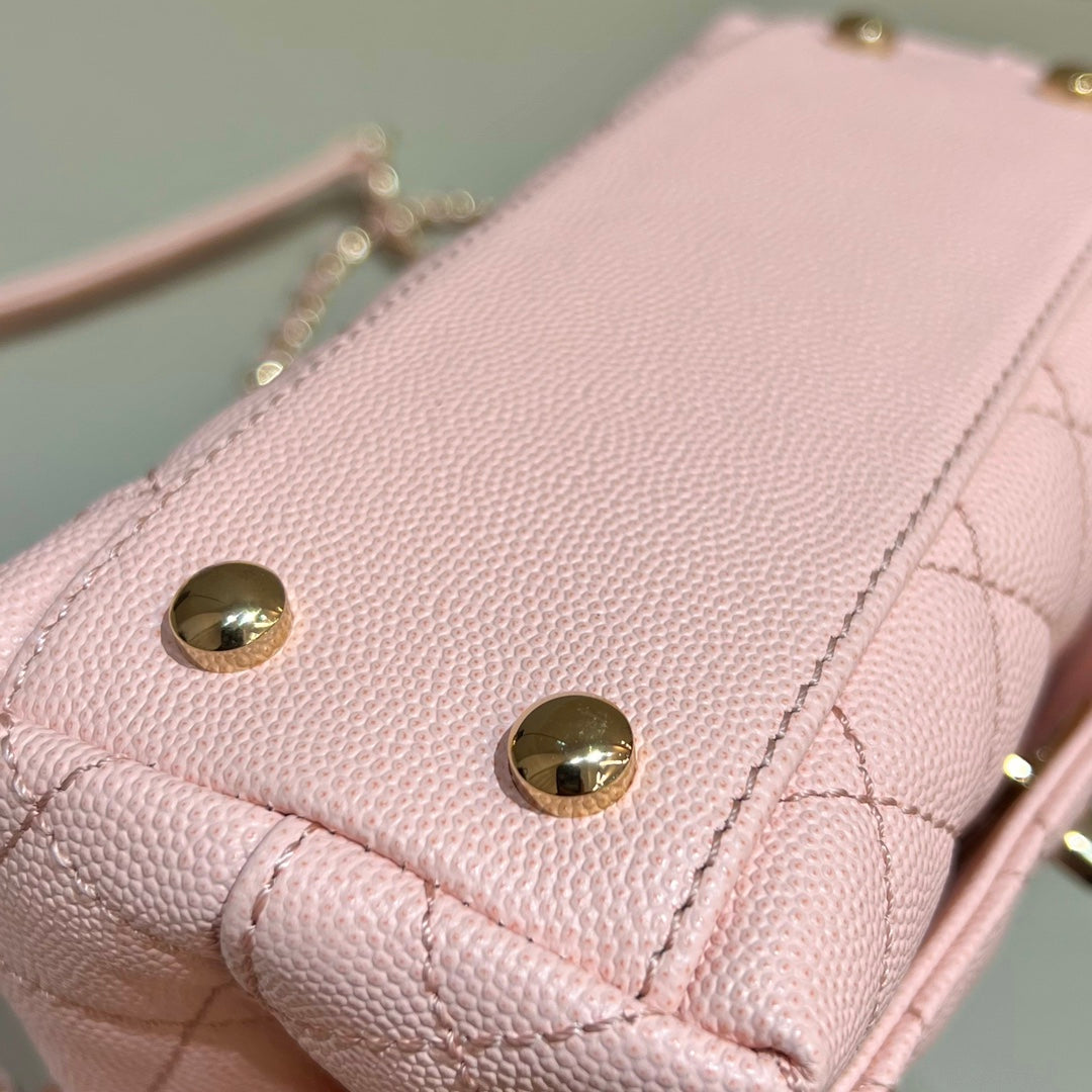 CH MINI FLAP BAG WITH TOP HANDLE 19 Grained Calfskin Pink