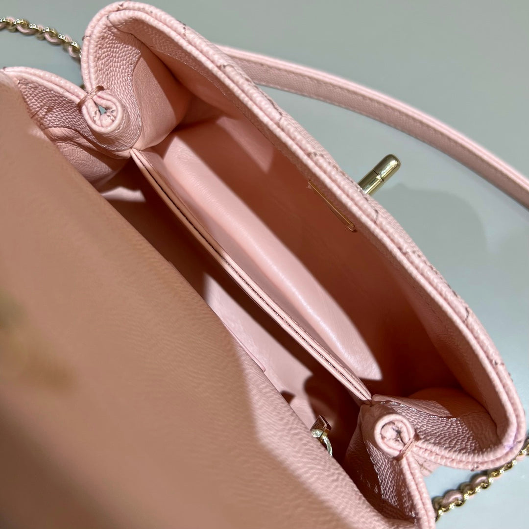 CH MINI FLAP BAG WITH TOP HANDLE 19 Grained Calfskin Pink