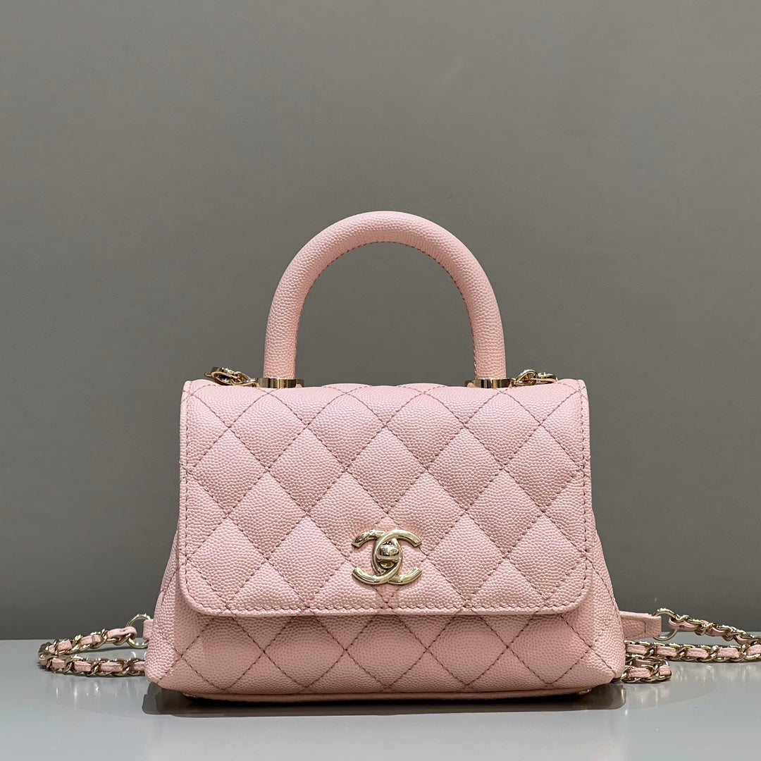 CH MINI FLAP BAG WITH TOP HANDLE 19 Grained Calfskin Pink