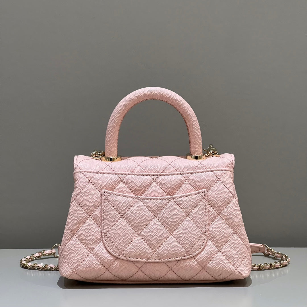 CH MINI FLAP BAG WITH TOP HANDLE 19 Grained Calfskin Pink
