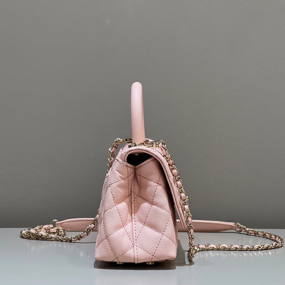 CH MINI FLAP BAG WITH TOP HANDLE 19 Grained Calfskin Pink