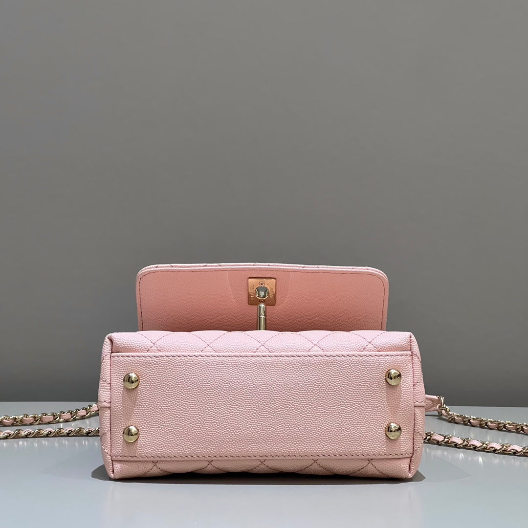 CH MINI FLAP BAG WITH TOP HANDLE 19 Grained Calfskin Pink