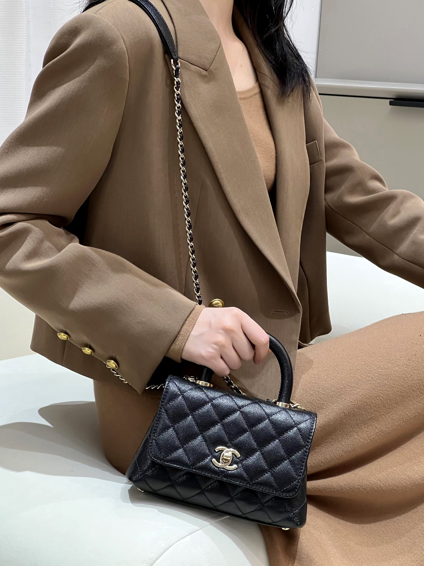 CH MINI FLAP BAG WITH TOP HANDLE 19 Grained Calfskin Black