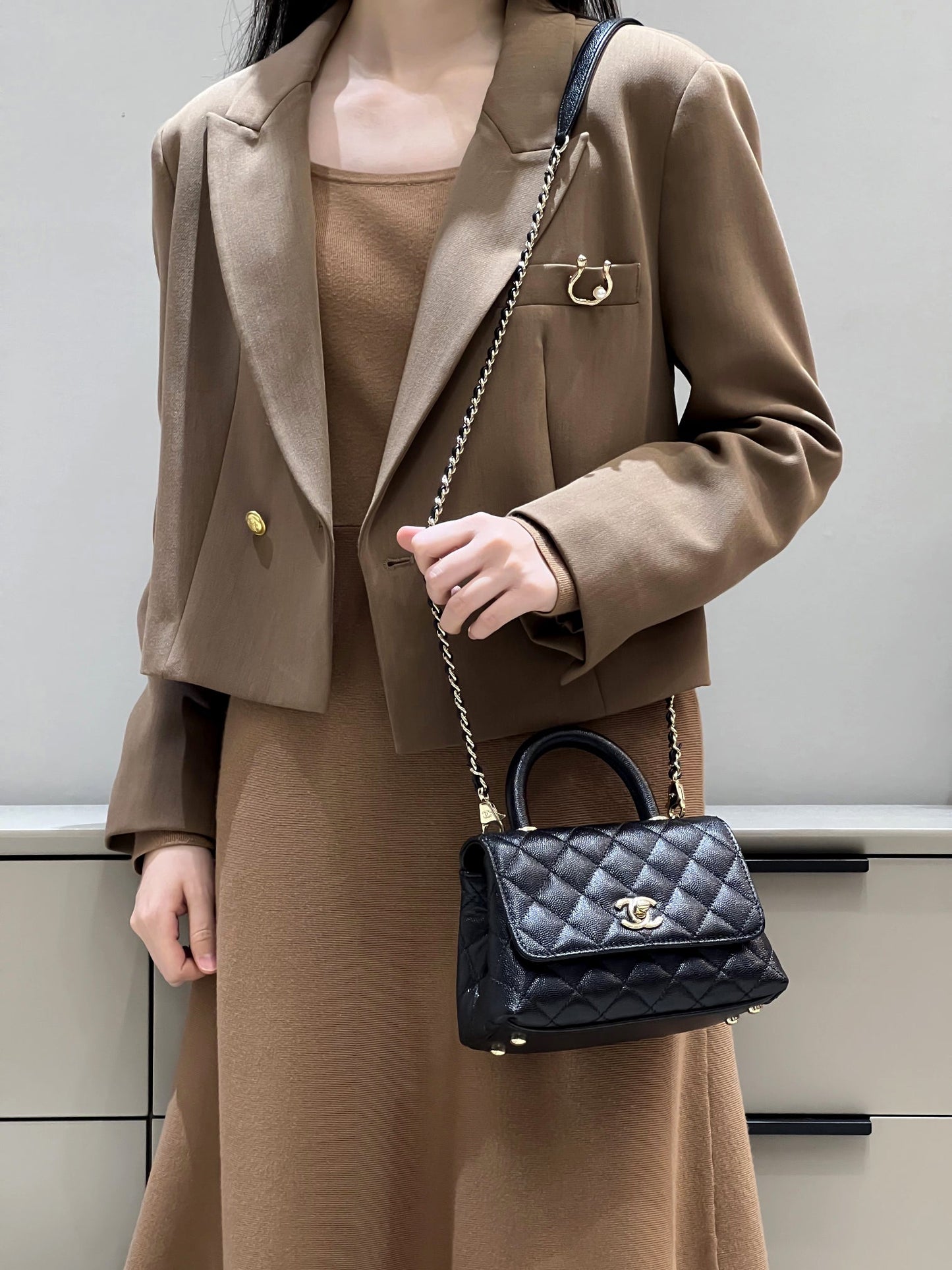 CH MINI FLAP BAG WITH TOP HANDLE 19 Grained Calfskin Black