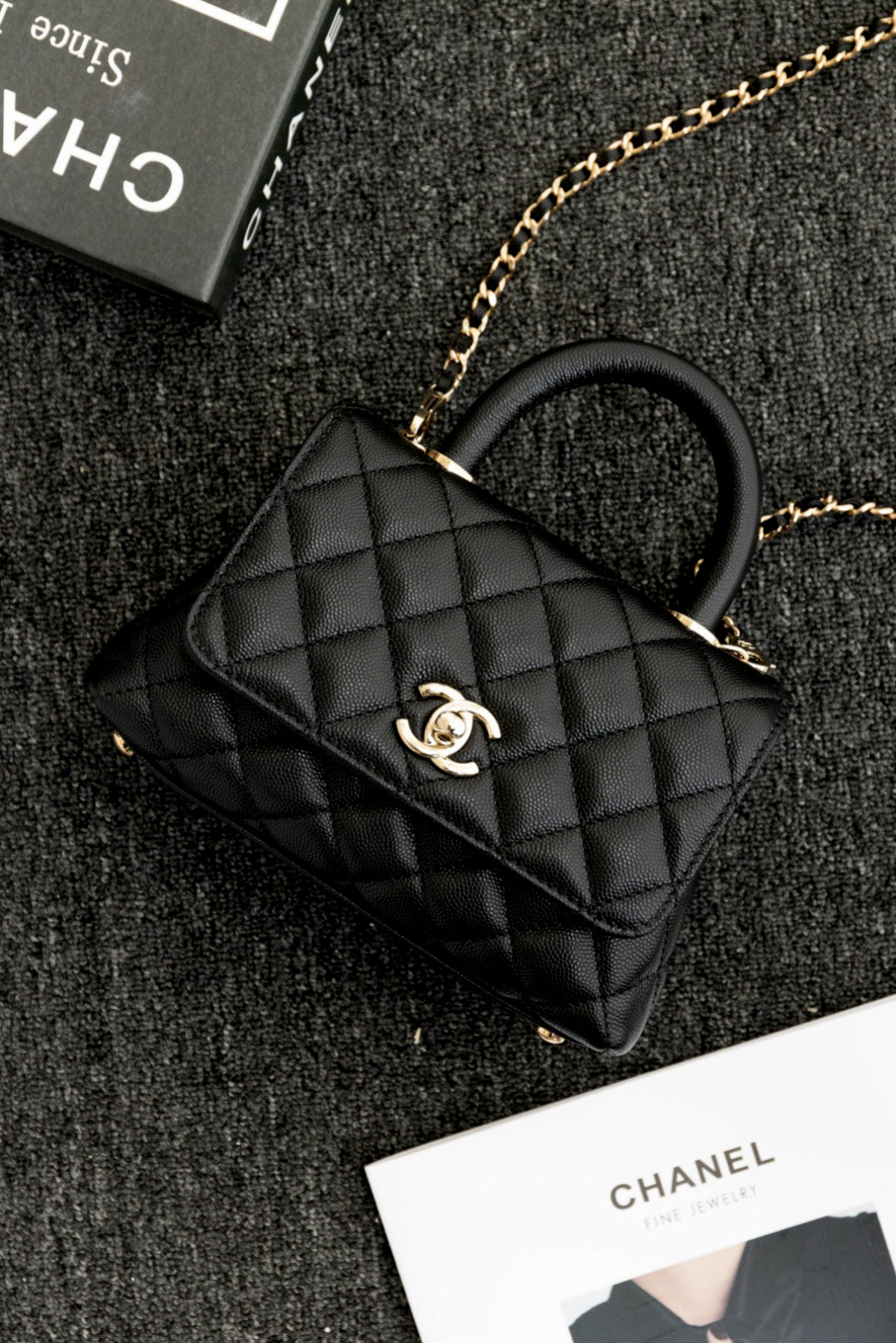 CH MINI FLAP BAG WITH TOP HANDLE 19 Grained Calfskin Black