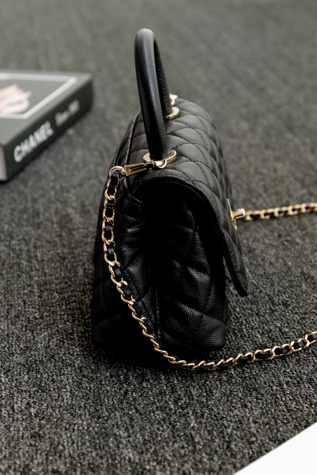 CH MINI FLAP BAG WITH TOP HANDLE 19 Grained Calfskin Black