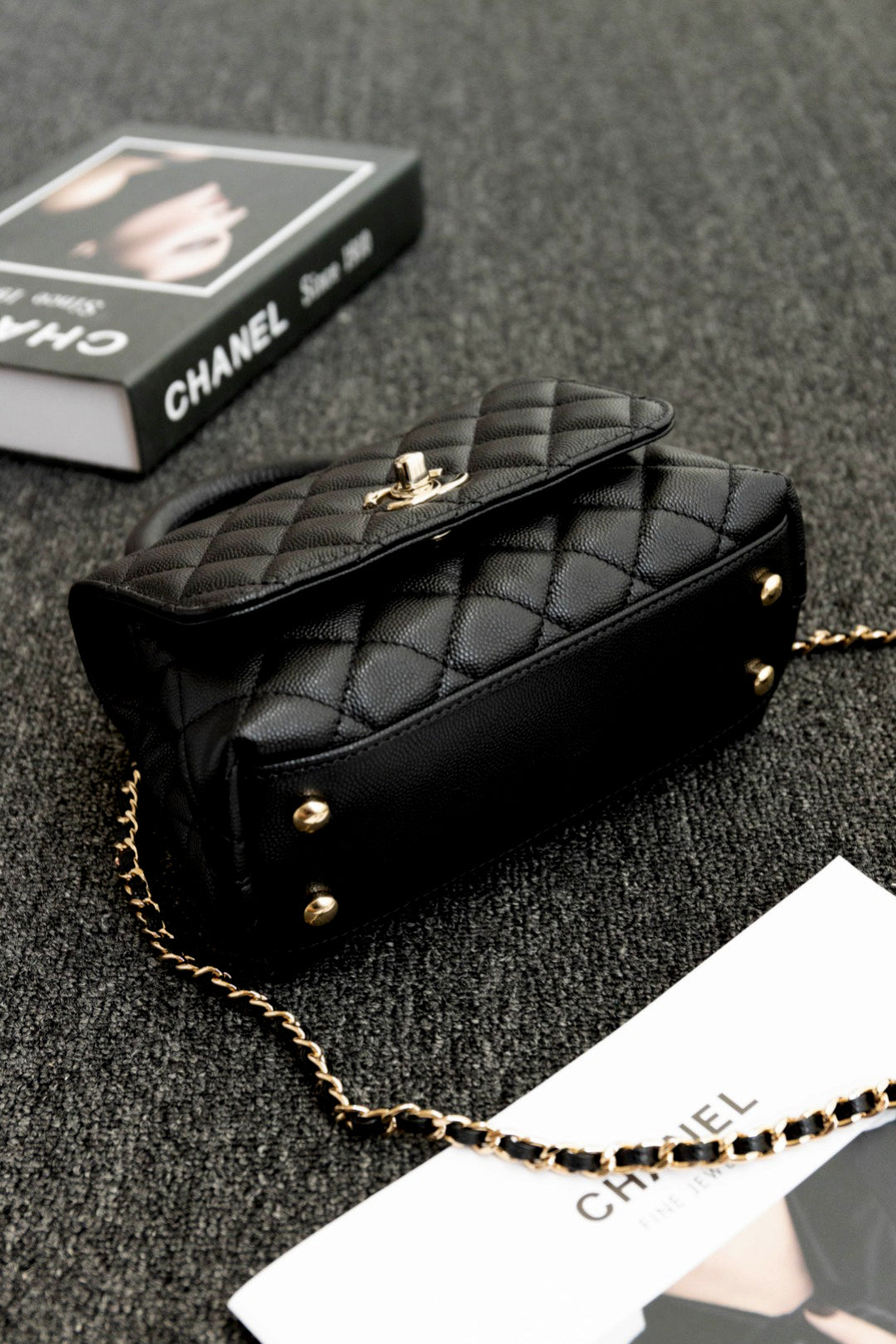CH MINI FLAP BAG WITH TOP HANDLE 19 Grained Calfskin Black