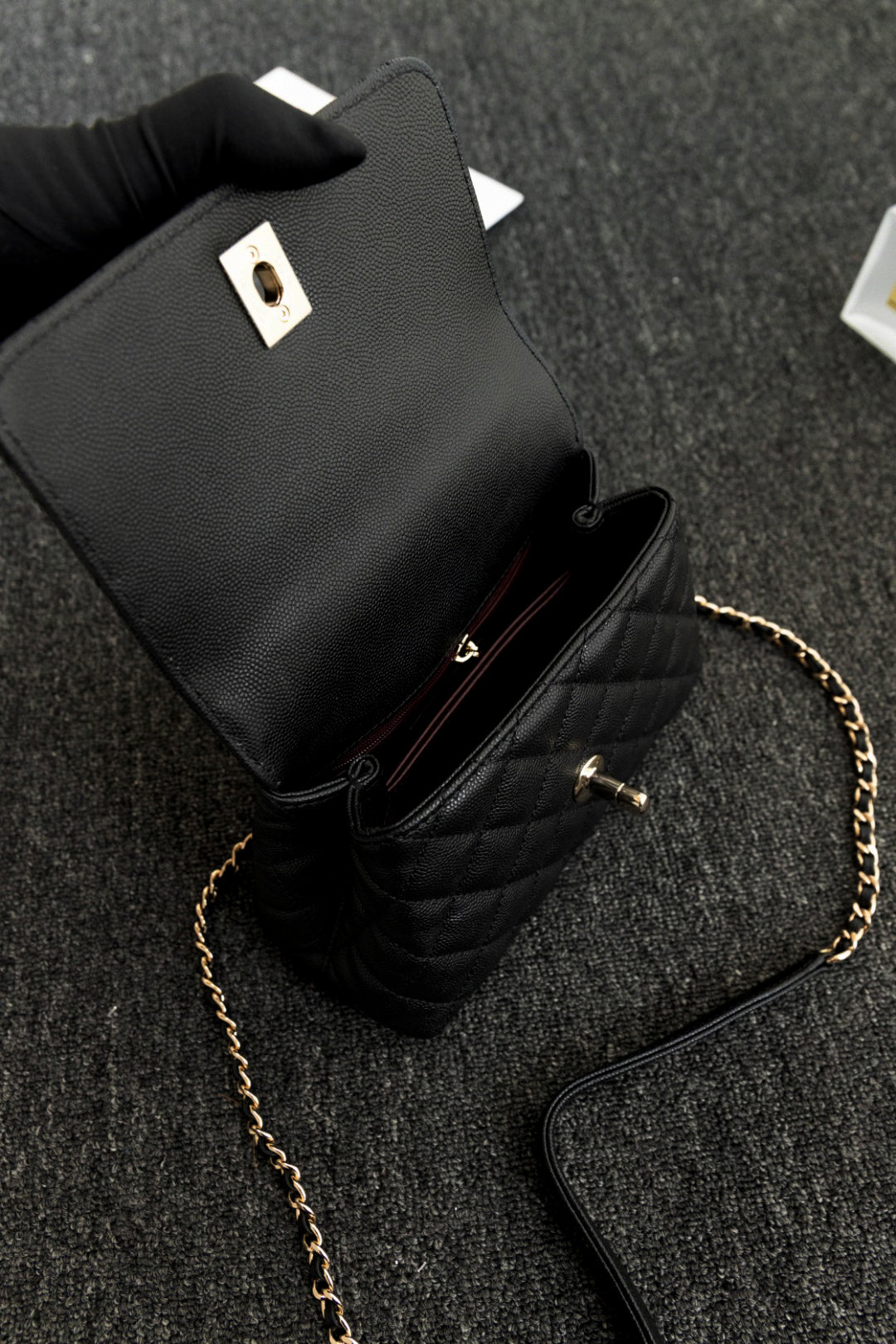 CH MINI FLAP BAG WITH TOP HANDLE 19 Grained Calfskin Black