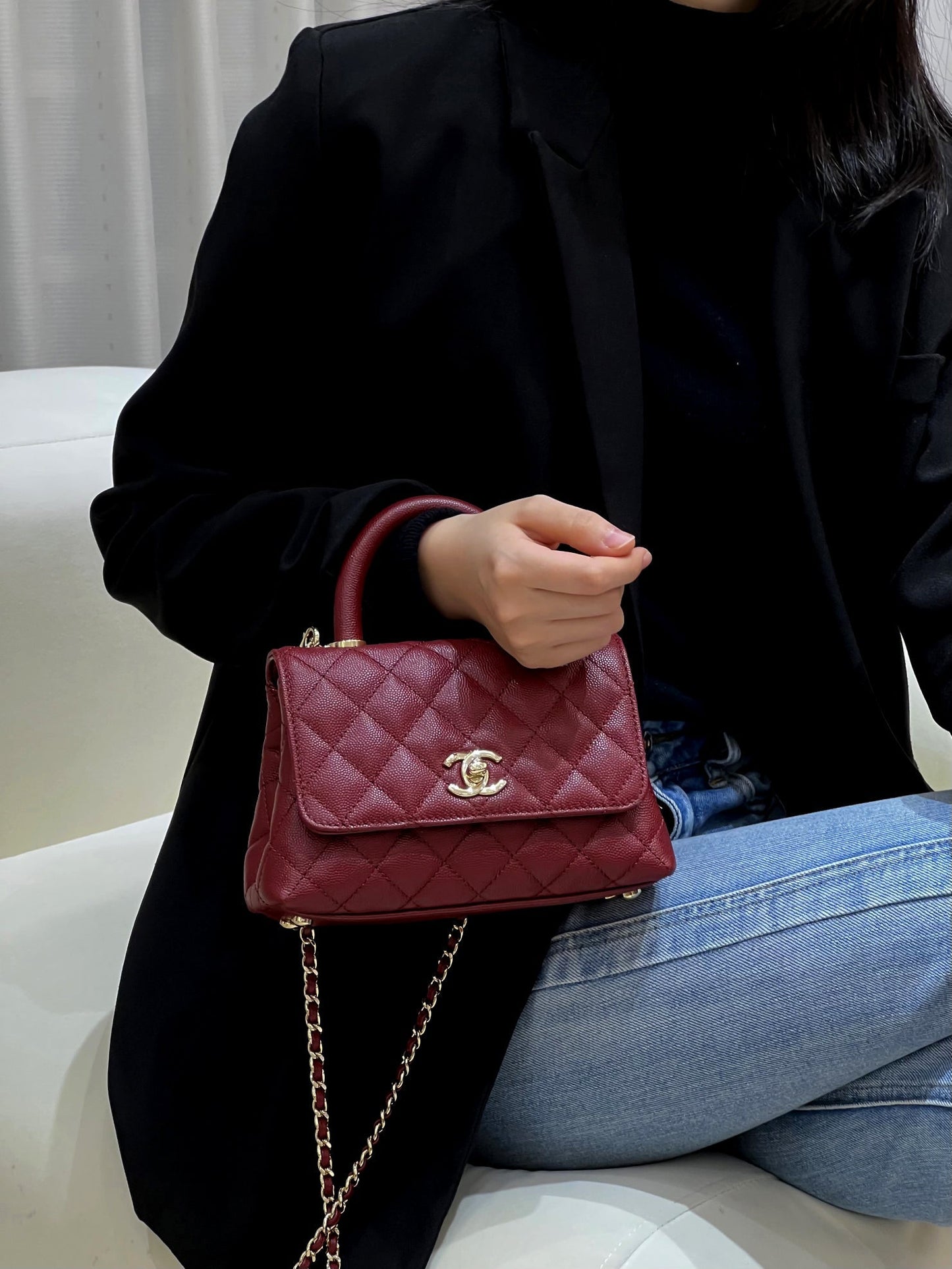 CH MINI FLAP BAG WITH TOP HANDLE 19 Grained Calfskin Red Wine Color