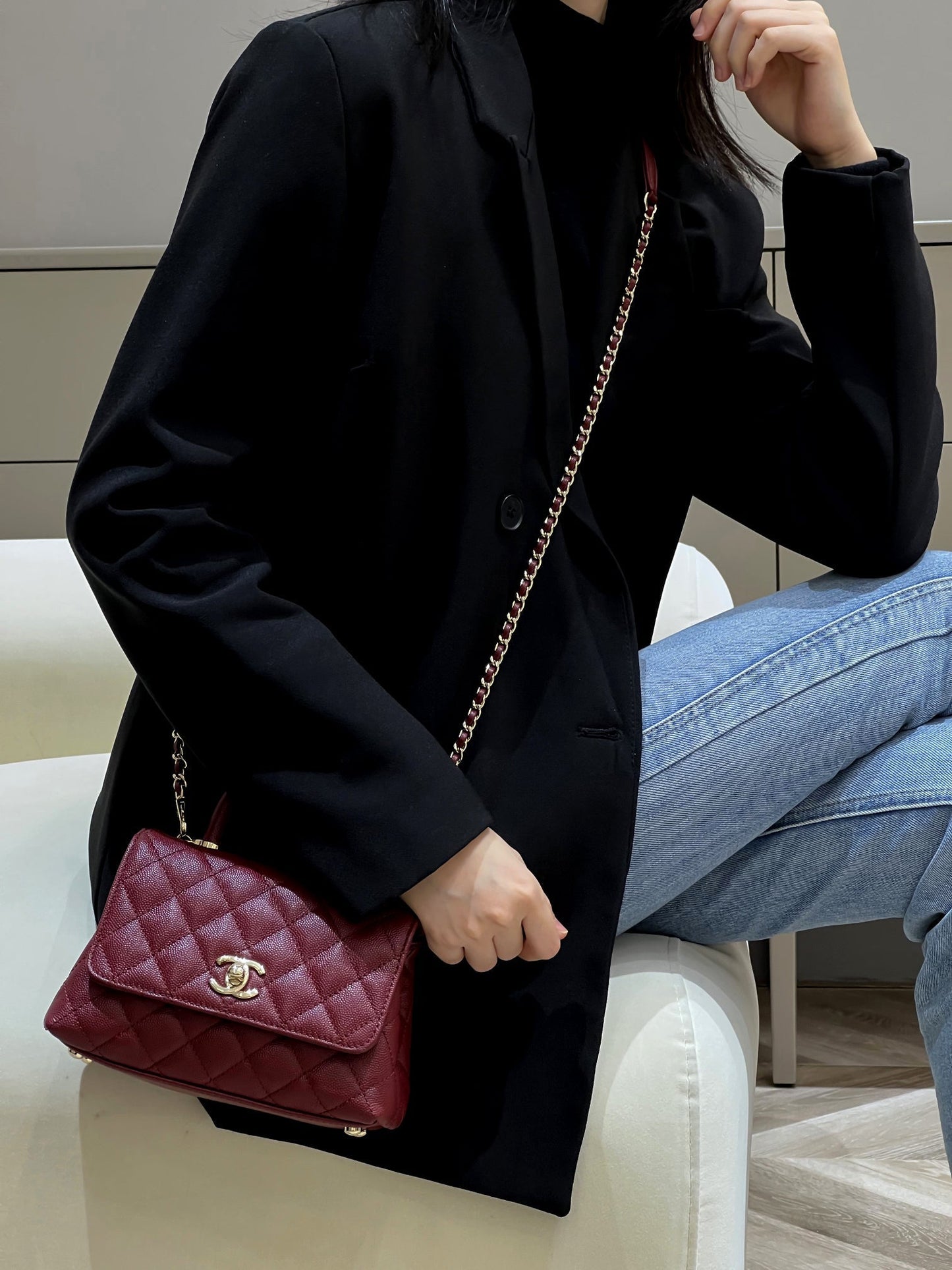 CH MINI FLAP BAG WITH TOP HANDLE 19 Grained Calfskin Red Wine Color