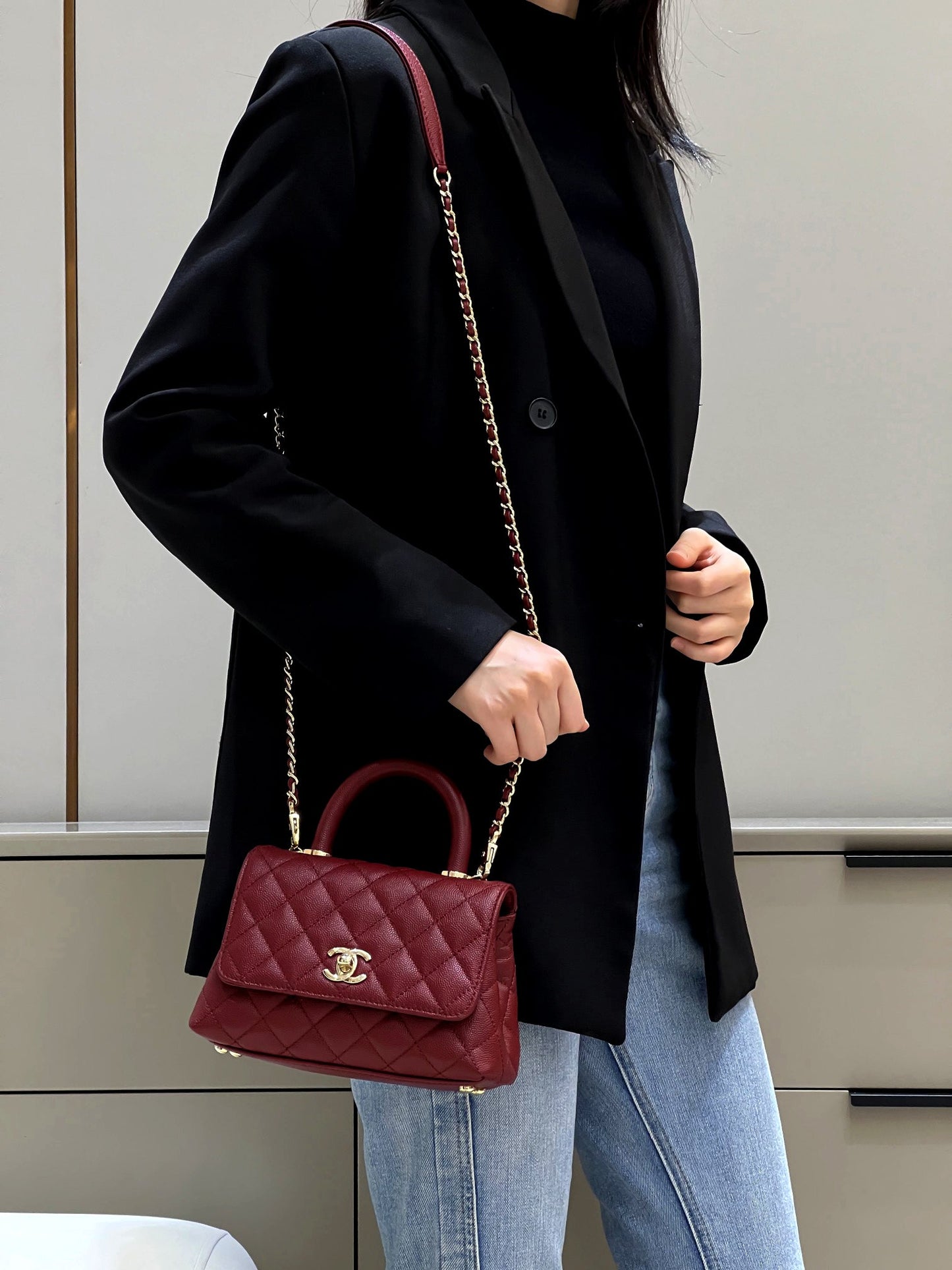 CH MINI FLAP BAG WITH TOP HANDLE 19 Grained Calfskin Red Wine Color