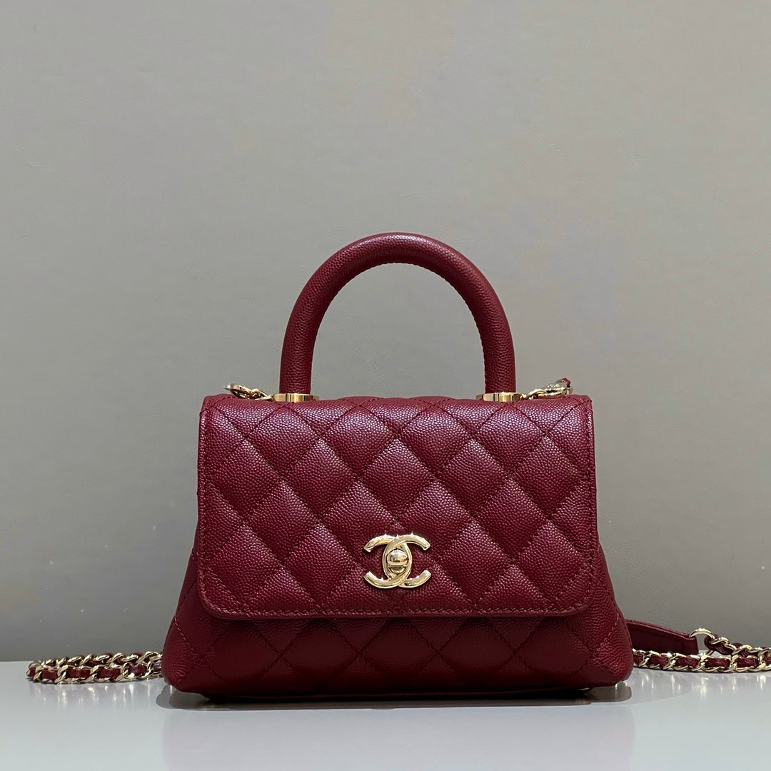 CH MINI FLAP BAG WITH TOP HANDLE 19 Grained Calfskin Red Wine Color