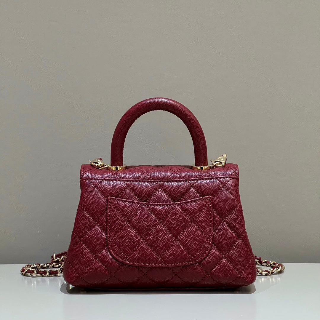 CH MINI FLAP BAG WITH TOP HANDLE 19 Grained Calfskin Red Wine Color