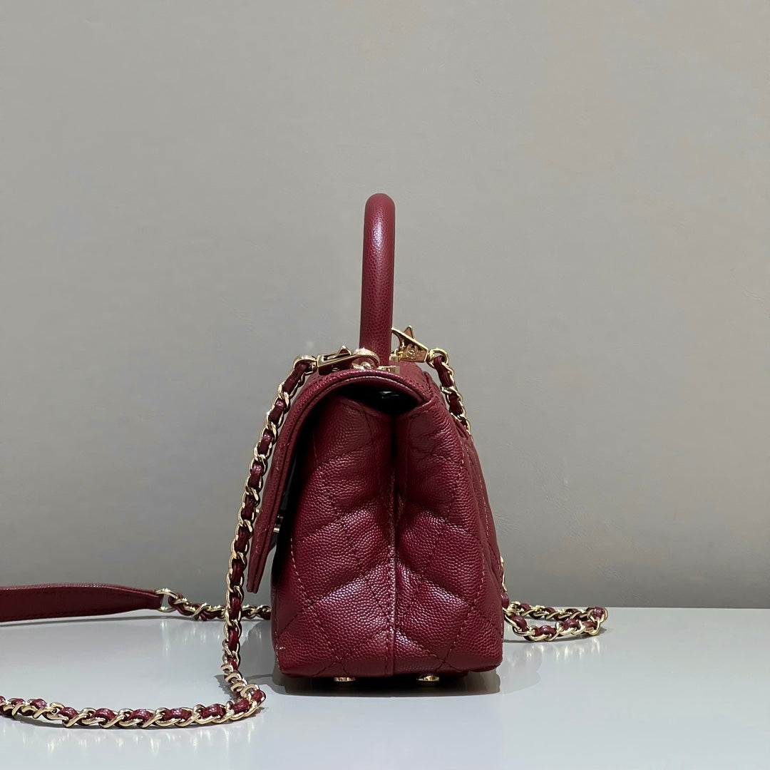 CH MINI FLAP BAG WITH TOP HANDLE 19 Grained Calfskin Red Wine Color