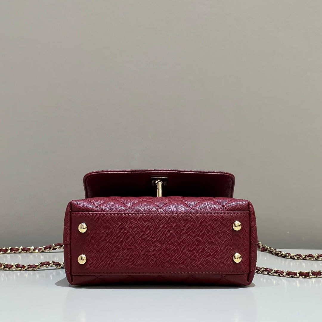 CH MINI FLAP BAG WITH TOP HANDLE 19 Grained Calfskin Red Wine Color