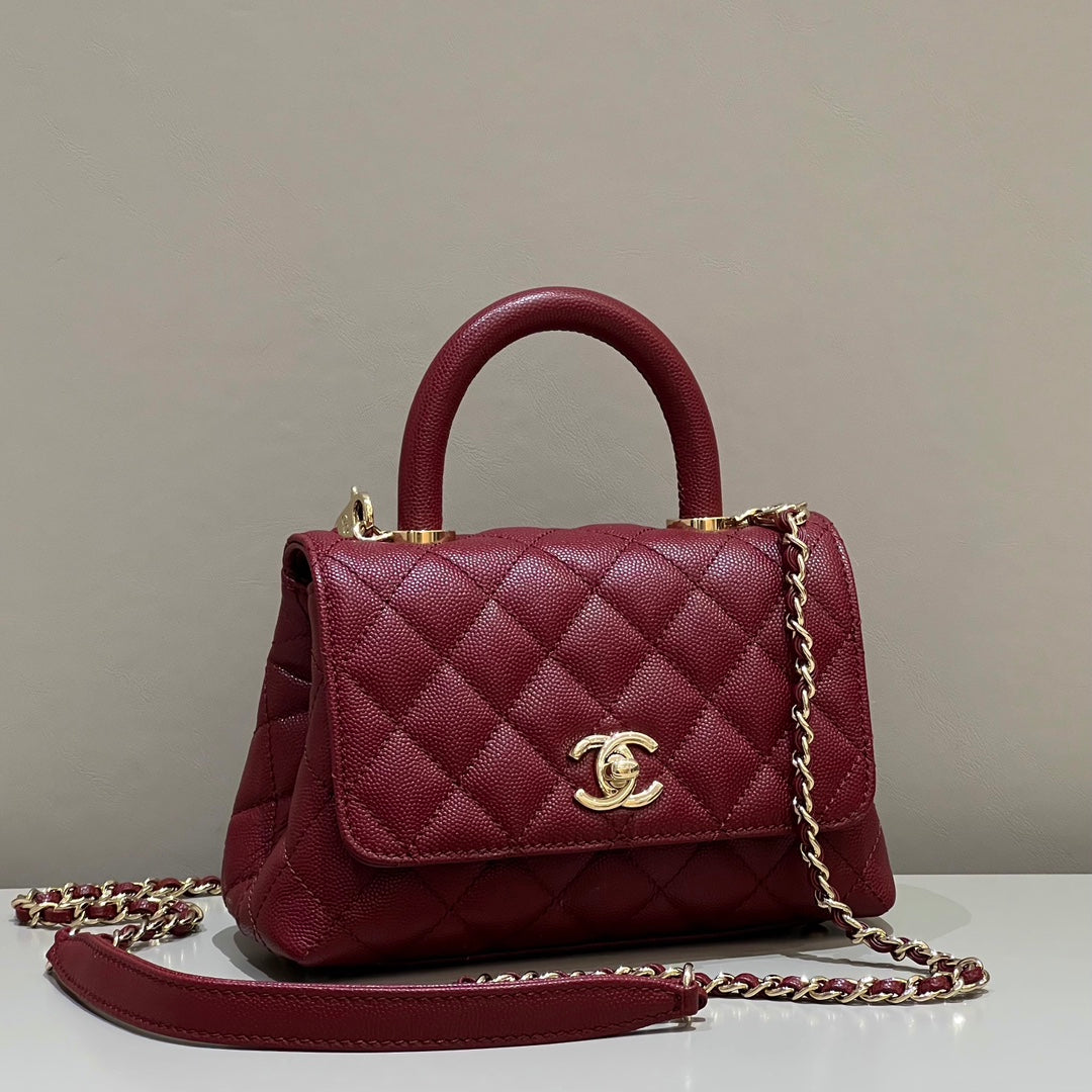 CH MINI FLAP BAG WITH TOP HANDLE 19 Grained Calfskin Red Wine Color