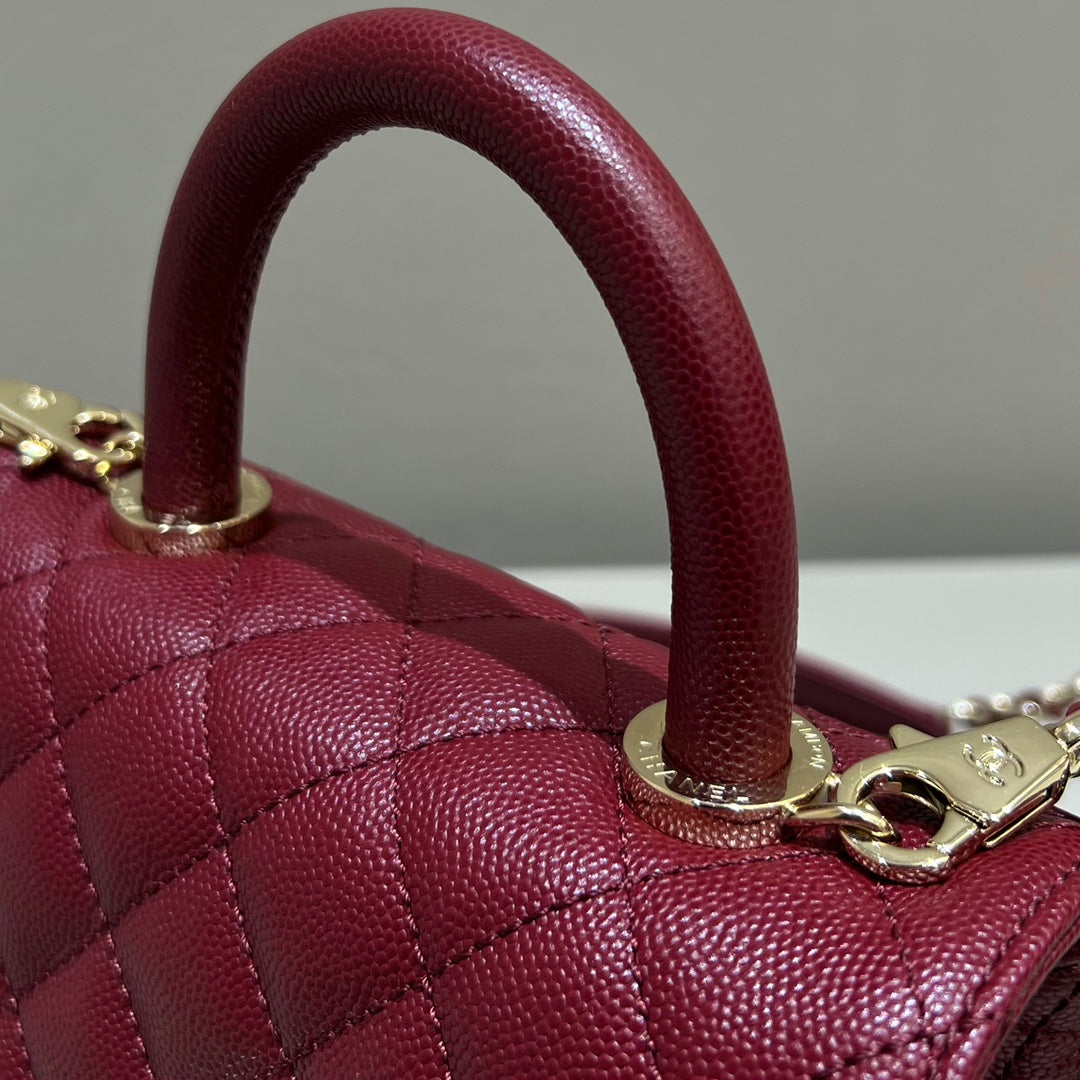 CH MINI FLAP BAG WITH TOP HANDLE 19 Grained Calfskin Red Wine Color
