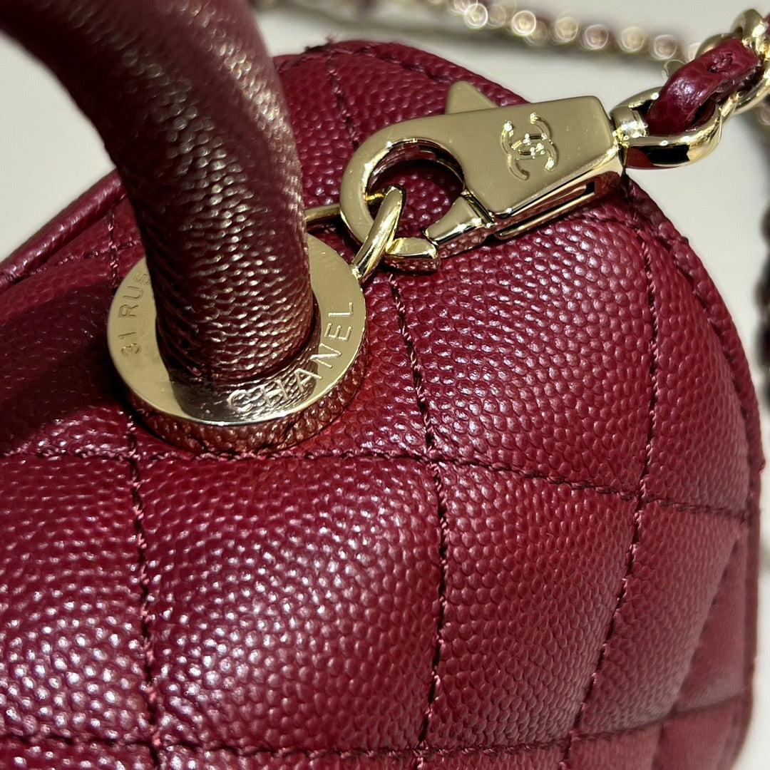 CH MINI FLAP BAG WITH TOP HANDLE 19 Grained Calfskin Red Wine Color