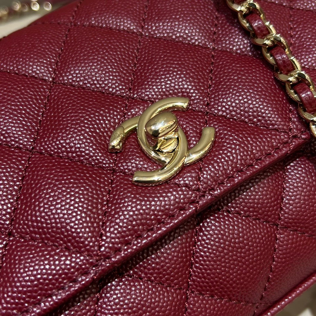 CH MINI FLAP BAG WITH TOP HANDLE 19 Grained Calfskin Red Wine Color