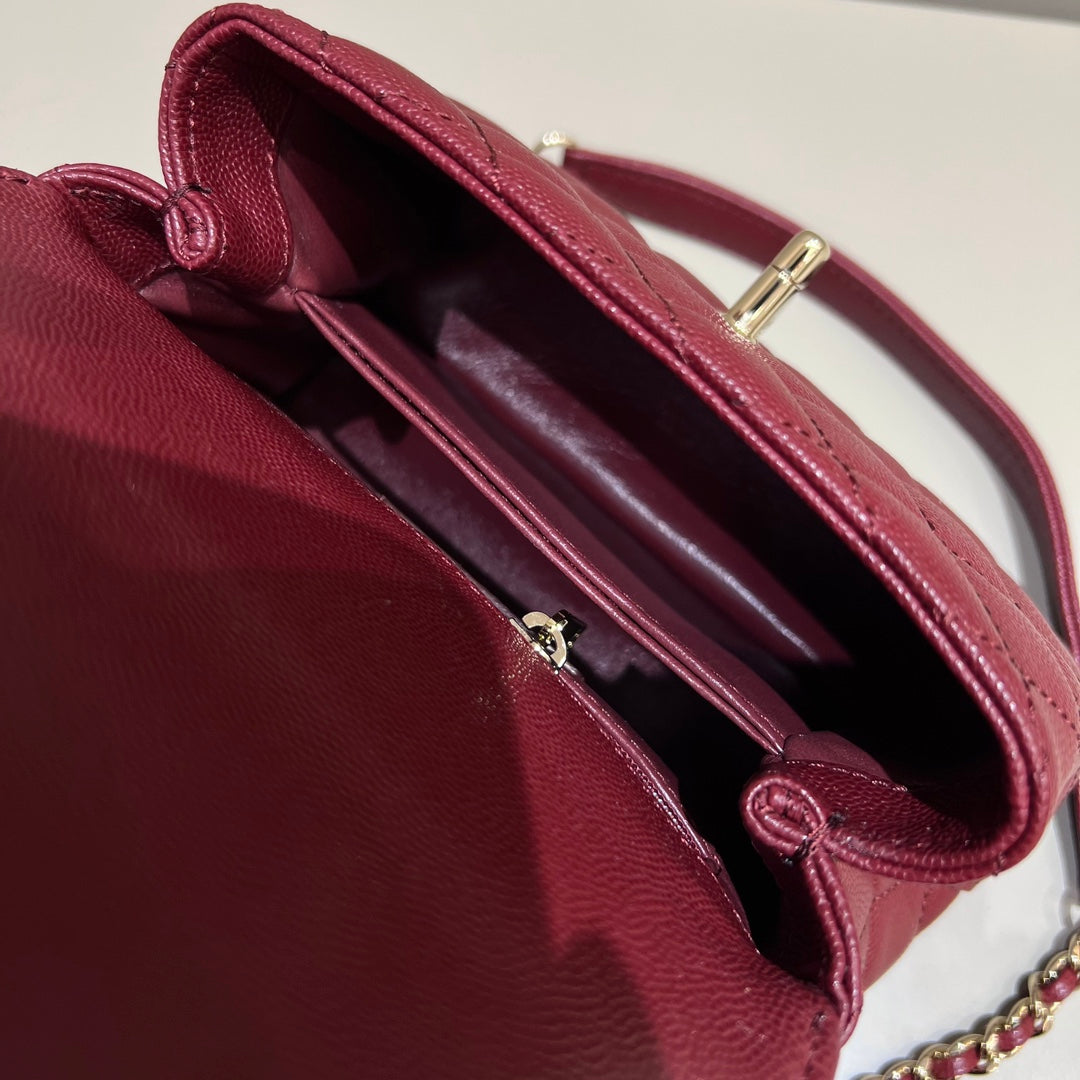 CH MINI FLAP BAG WITH TOP HANDLE 19 Grained Calfskin Red Wine Color