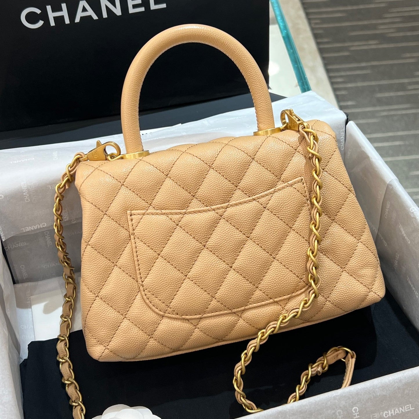 CH FLAP BAG WITH TOP HANDLE 24 Small Grained Calfskin Light Teas