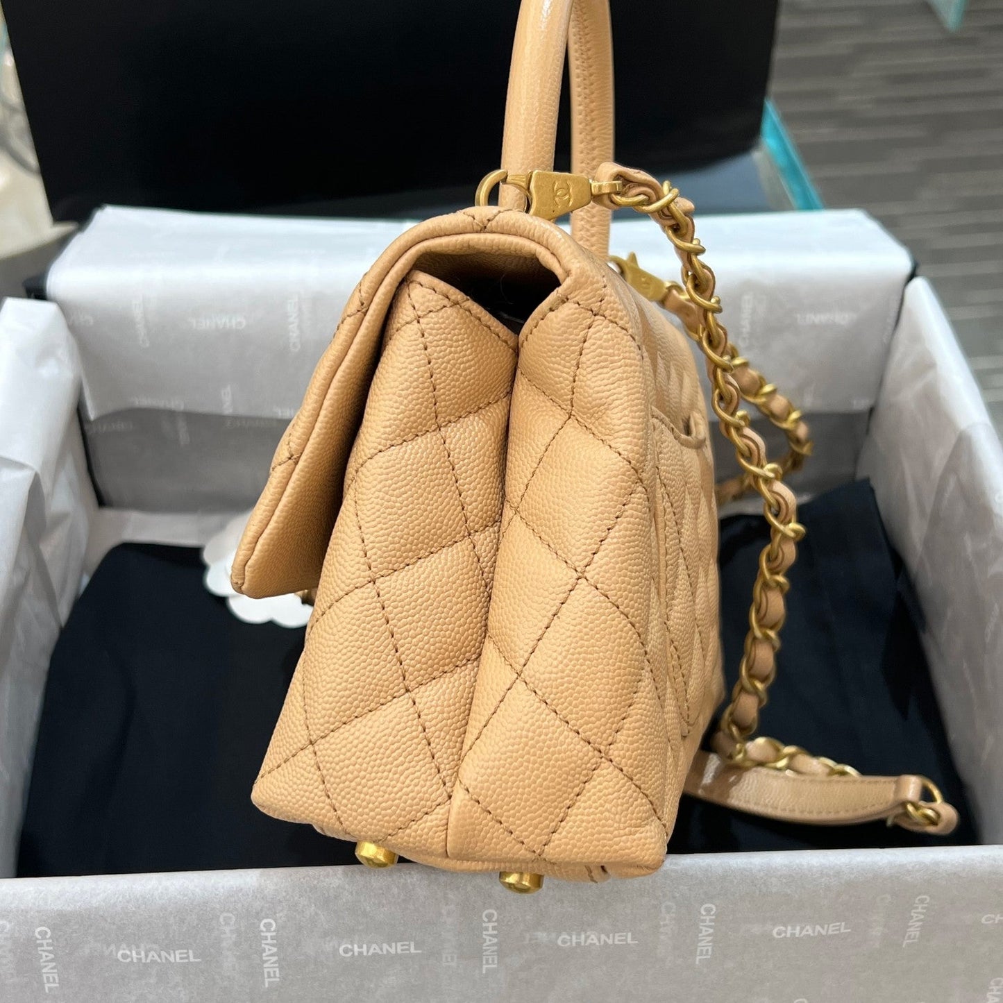 CH FLAP BAG WITH TOP HANDLE 24 Small Grained Calfskin Light Teas
