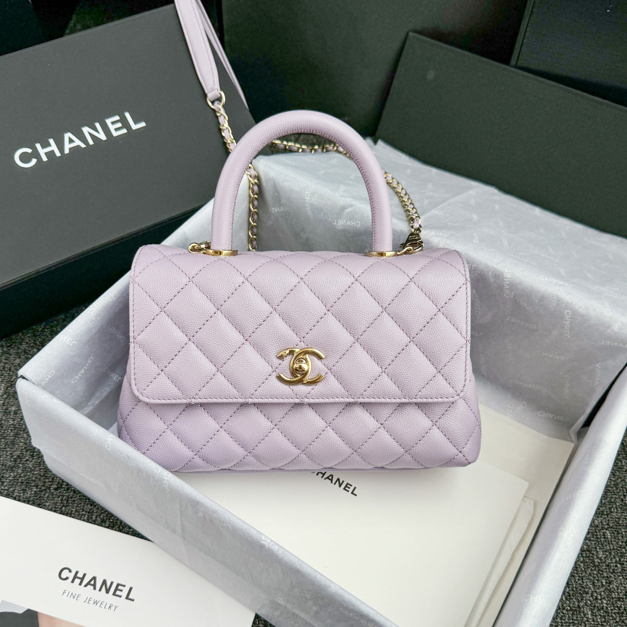CH FLAP BAG WITH TOP HANDLE 24 Small Grained Calfskin Light Purple