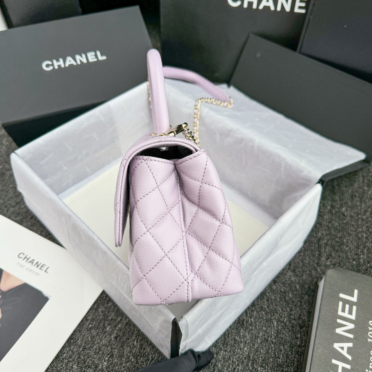 CH FLAP BAG WITH TOP HANDLE 24 Small Grained Calfskin Light Purple