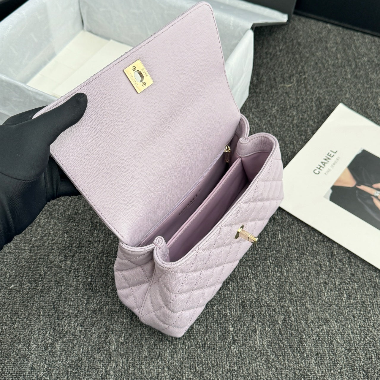 CH FLAP BAG WITH TOP HANDLE 24 Small Grained Calfskin Light Purple