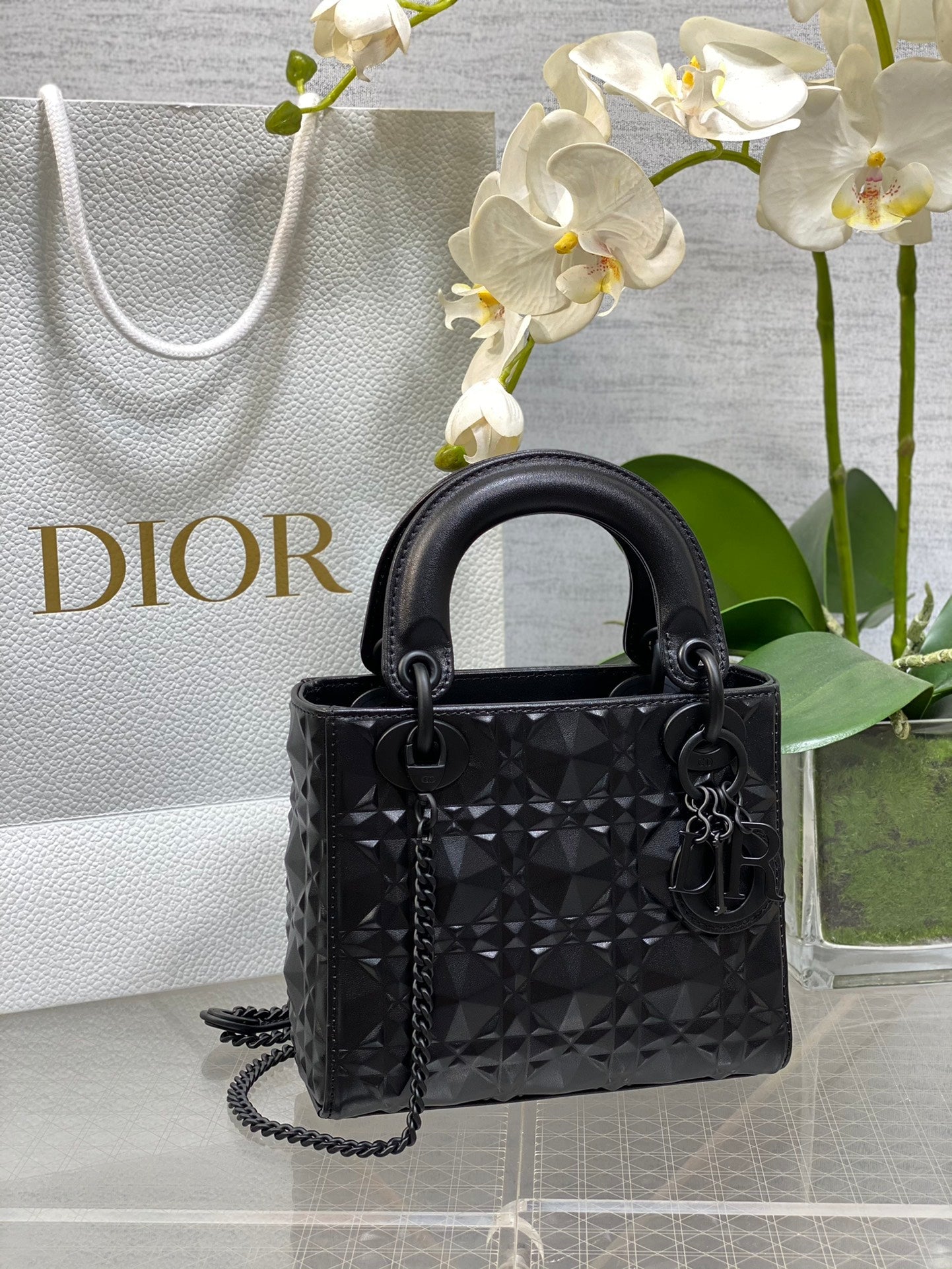 DO Mini Lady Bag Matte Black Diamond Pattern Calfskin