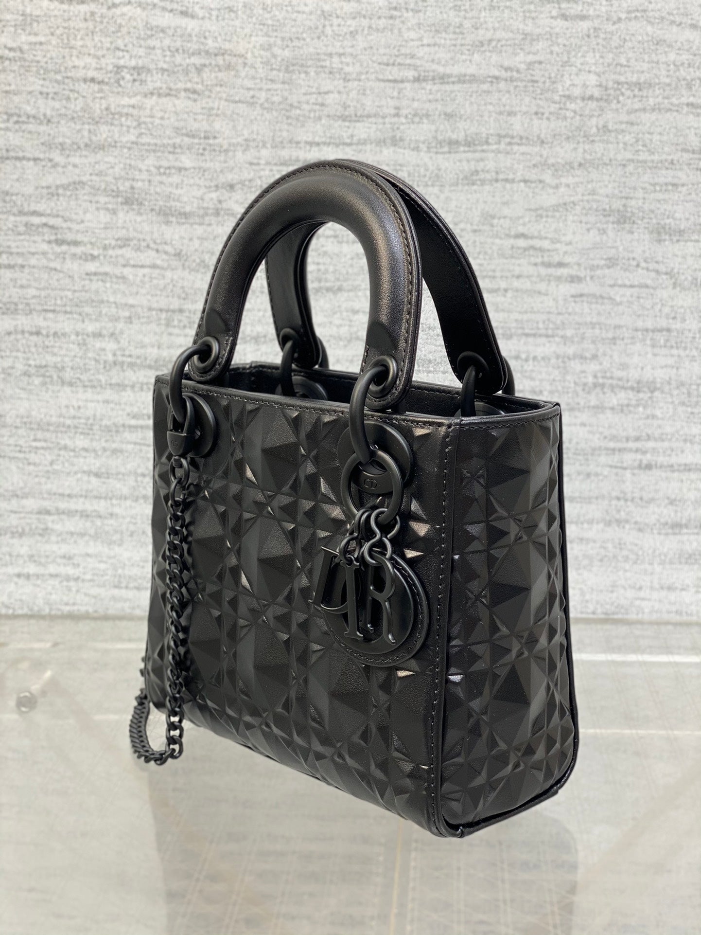 DO Mini Lady Bag Matte Black Diamond Pattern Calfskin