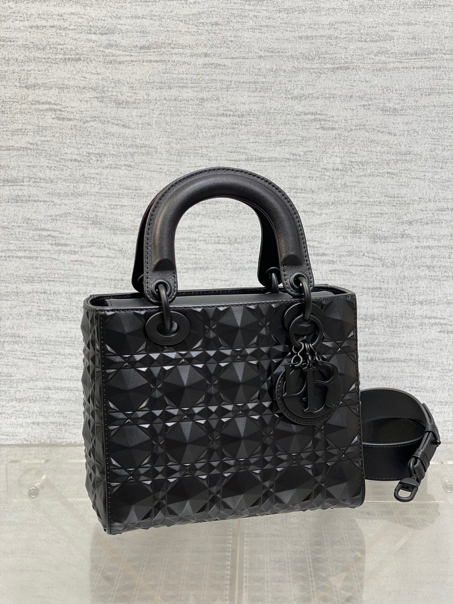 DO Mini Lady Bag Matte Black Diamond Pattern Calfskin
