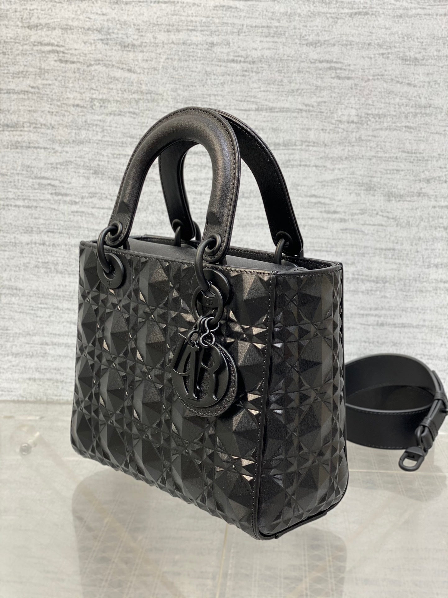 DO Mini Lady Bag Matte Black Diamond Pattern Calfskin