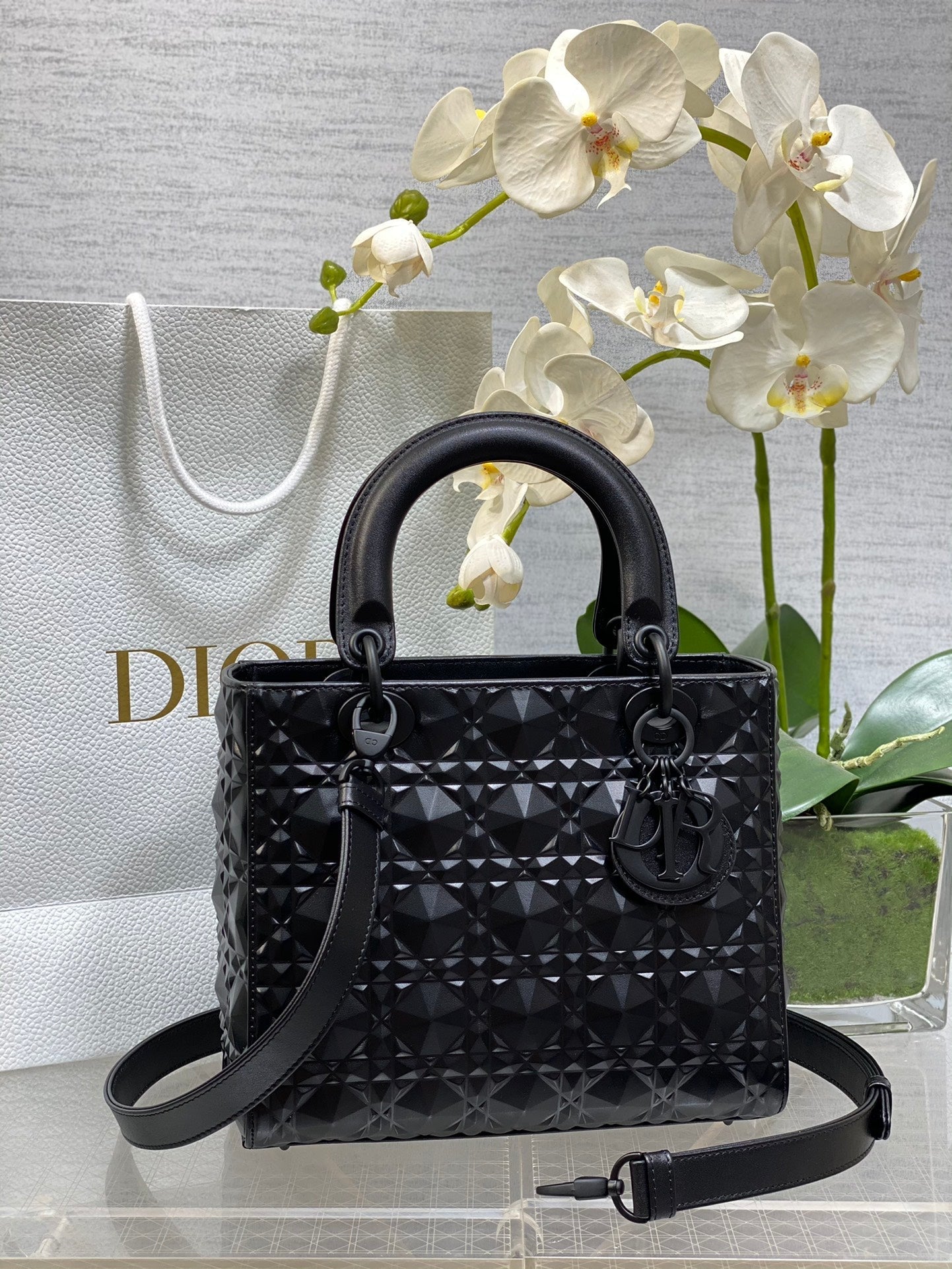 DO Mini Lady Bag Matte Black Diamond Pattern Calfskin