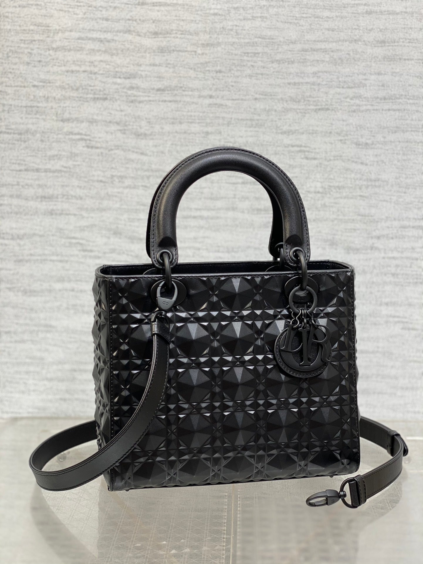 DO Mini Lady Bag Matte Black Diamond Pattern Calfskin