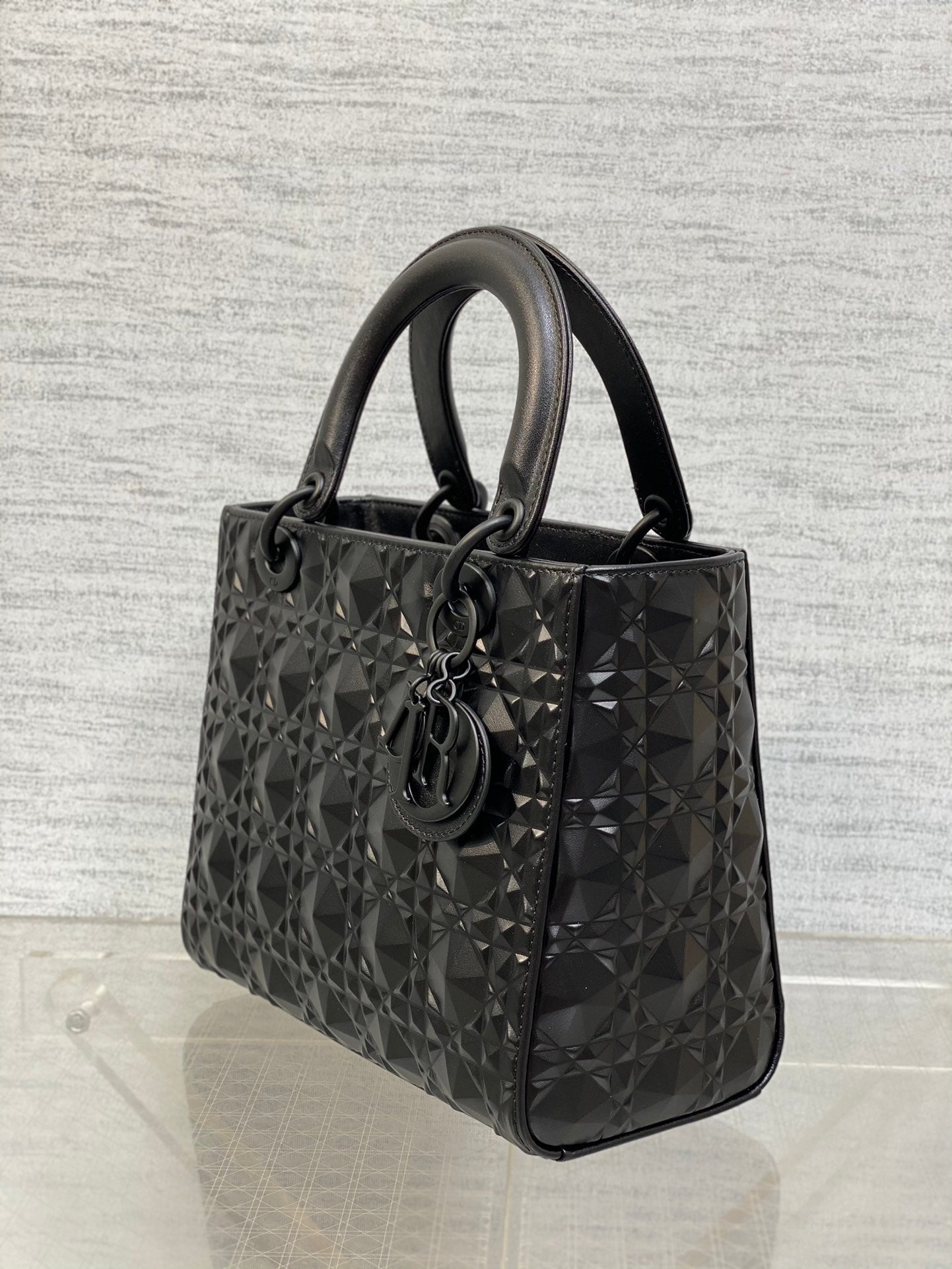 DO Mini Lady Bag Matte Black Diamond Pattern Calfskin