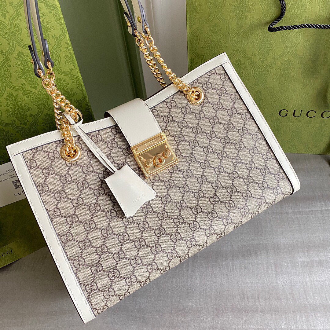 GC Padlock medium shoulder bag tote Beige/ebony GG Supreme canvas, with brown leather detail