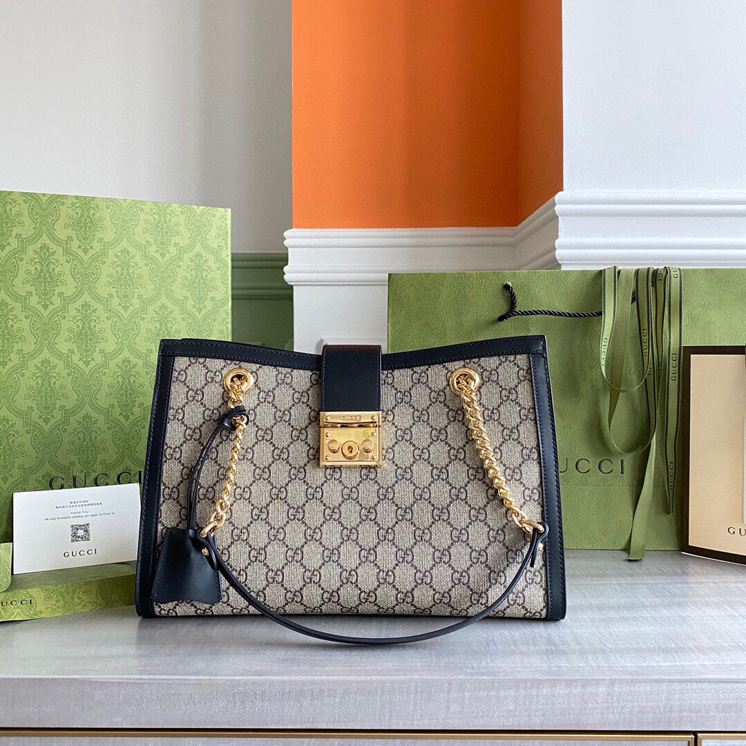 GC Padlock medium shoulder bag tote Beige/ebony GG Supreme canvas, with brown leather detail