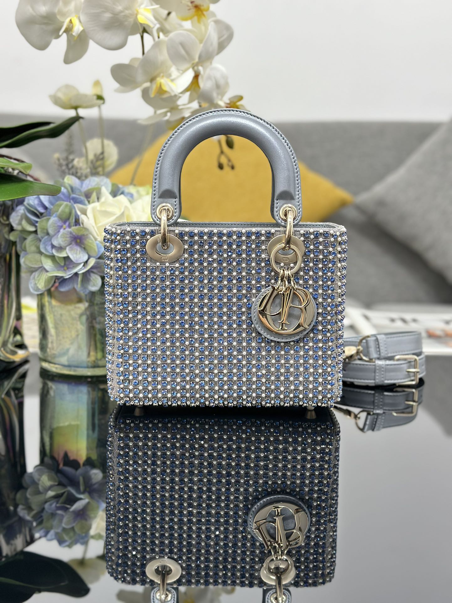 DO Mini Lady Bag Grey Sapphire Pearl decoration Embroidery