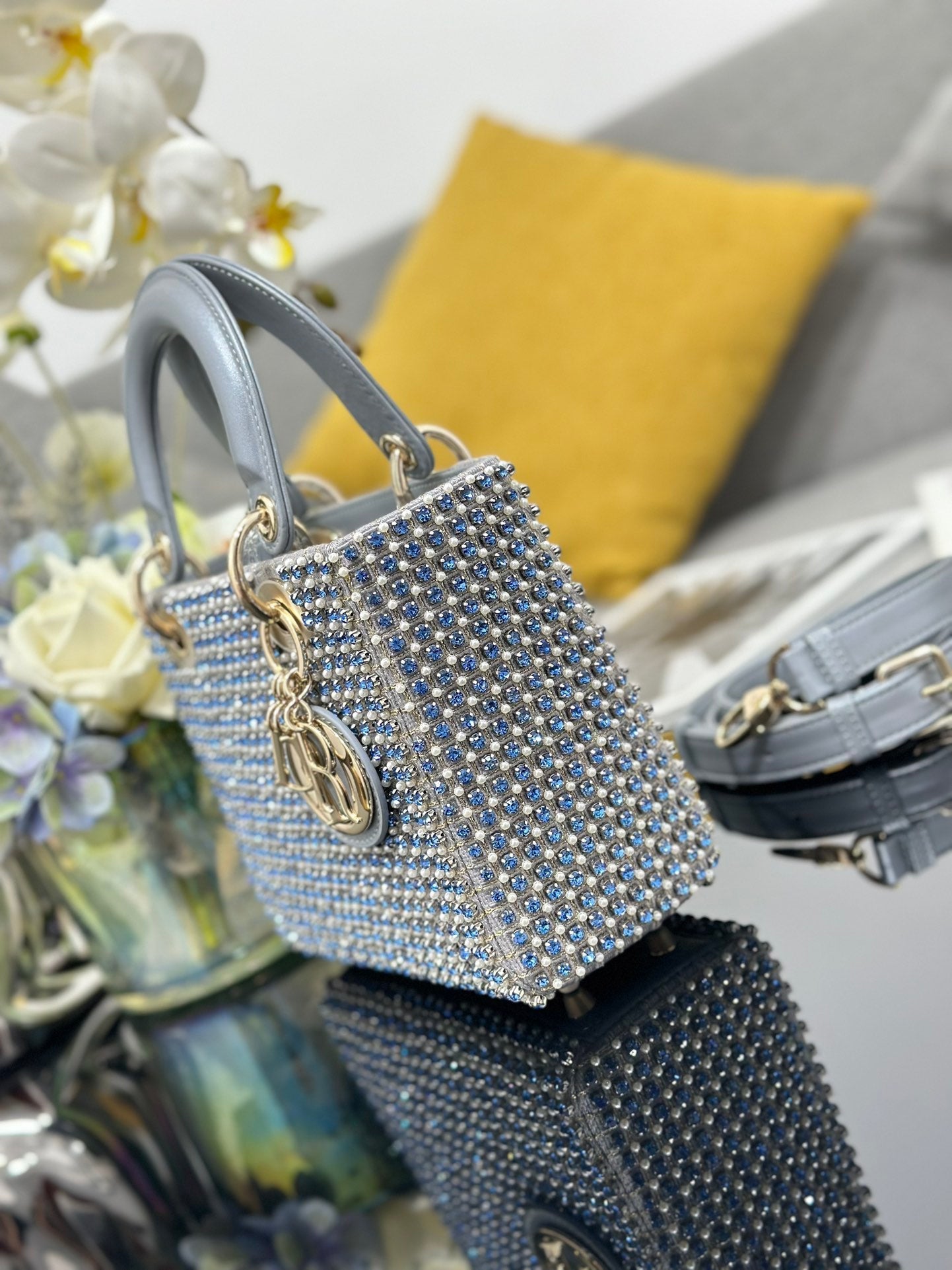 DO Mini Lady Bag Grey Sapphire Pearl decoration Embroidery