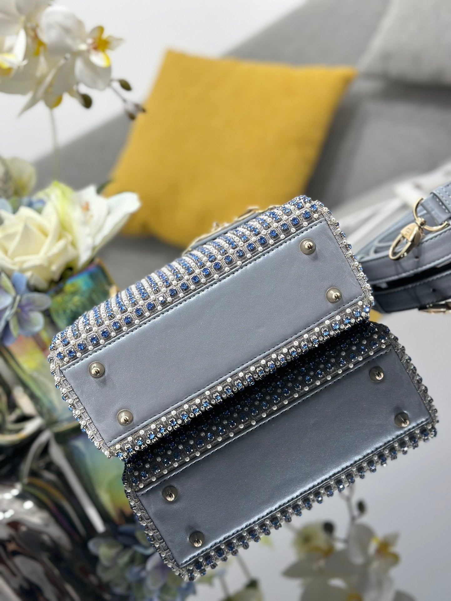 DO Mini Lady Bag Grey Sapphire Pearl decoration Embroidery