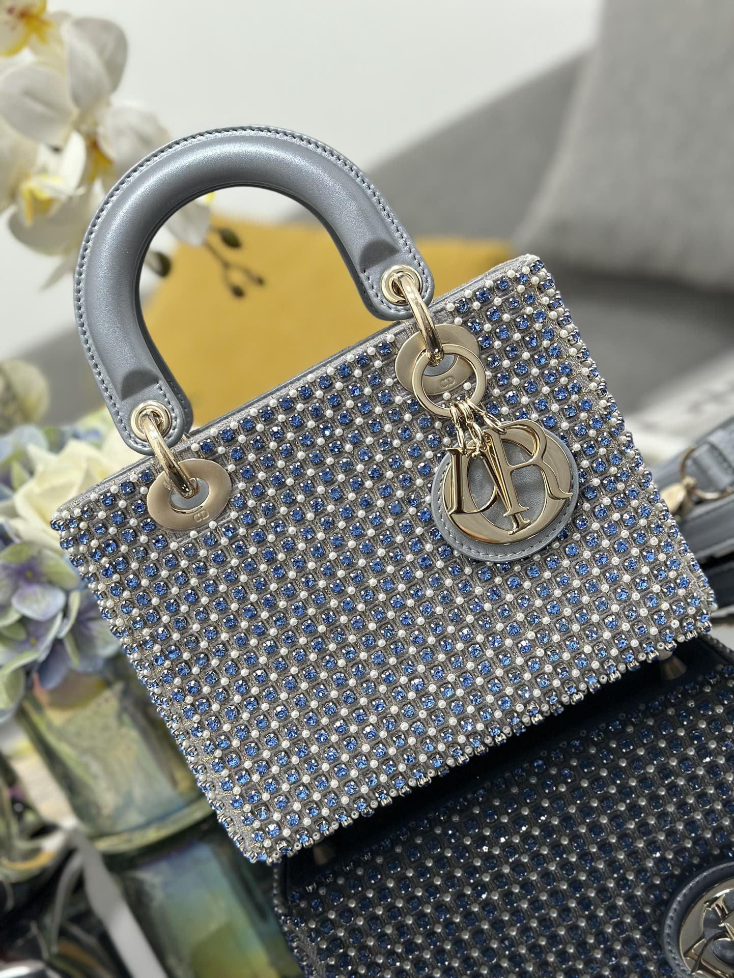 DO Mini Lady Bag Grey Sapphire Pearl decoration Embroidery