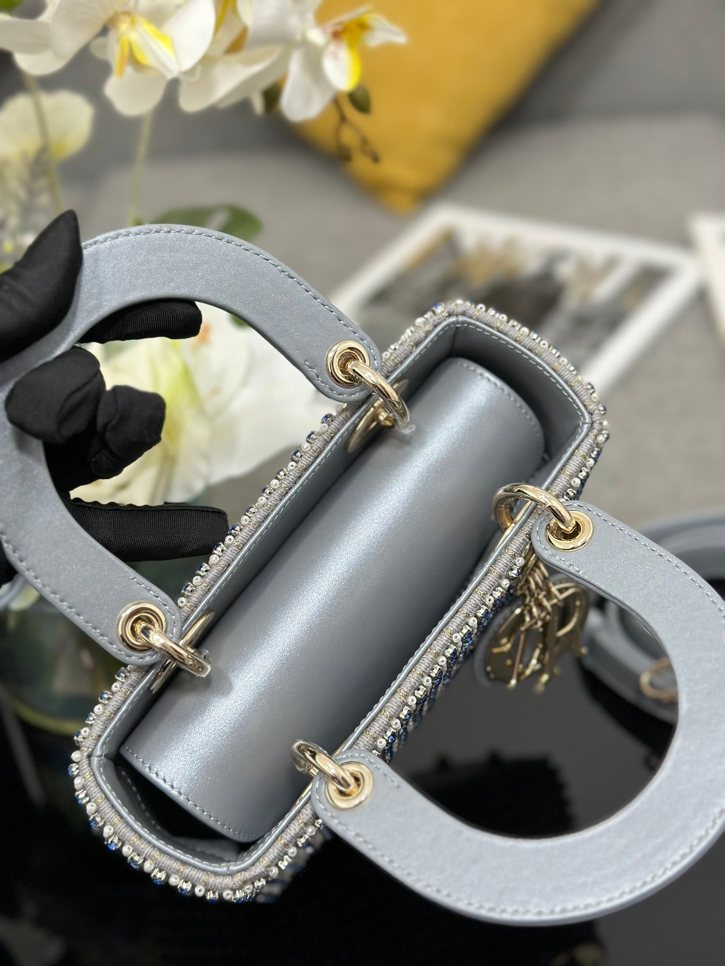 DO Mini Lady Bag Grey Sapphire Pearl decoration Embroidery
